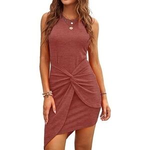 WOMAN’S Tank Front Twist Tunic Asymmetrical Hem Knot Pencil Bodycon dress red -M